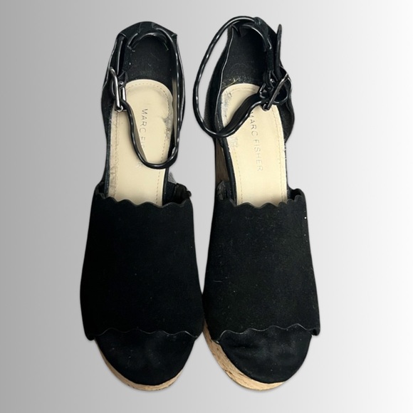 Marc Fisher Haya Black Leather Suede Cork Ankle Strap Peep Toe Wedge Sandal, 8 - Picture 3 of 8